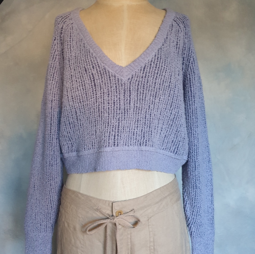 Free People High Low Purple Combo Textured V-Neck Relaxed Fit Comfy Sweater Sm - Picture 2 of 16